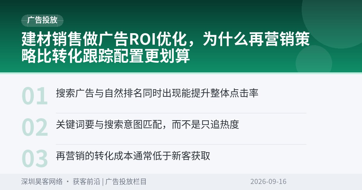 建材销售做广告ROI优化，为什么再营销策略比转化跟踪配置更划算