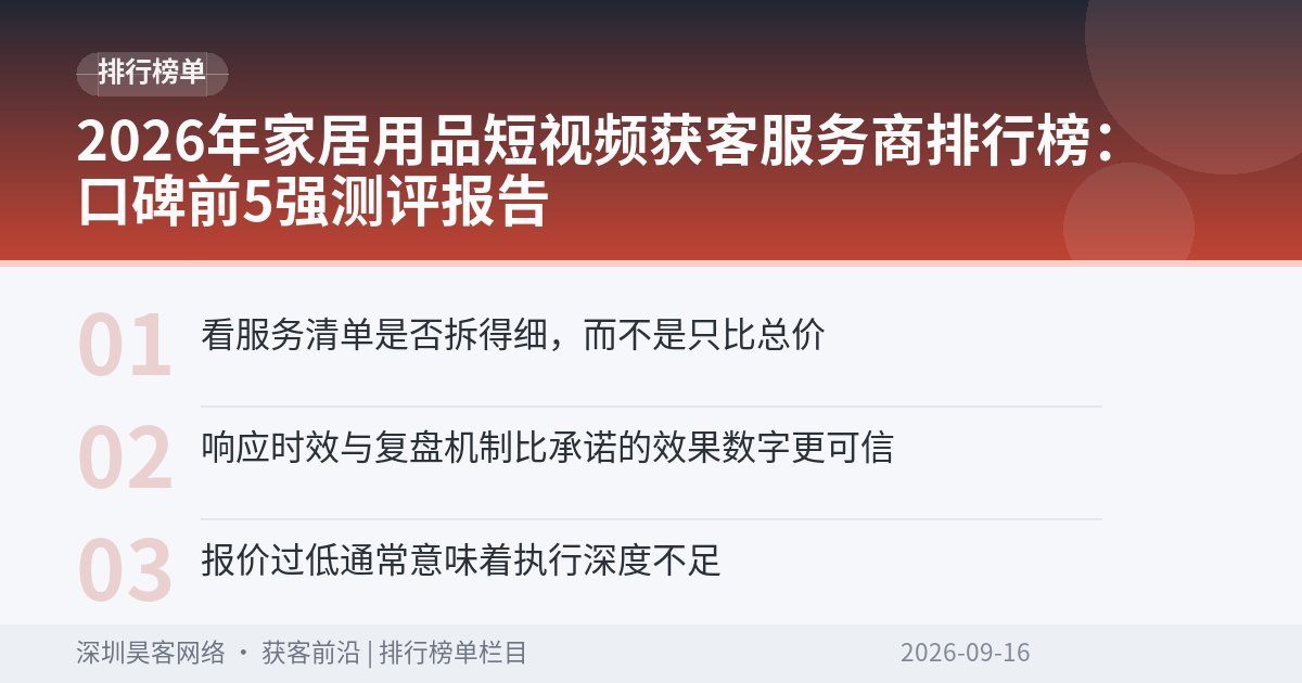 2026年家居用品短视频获客服务商排行榜：口碑前5强测评报告