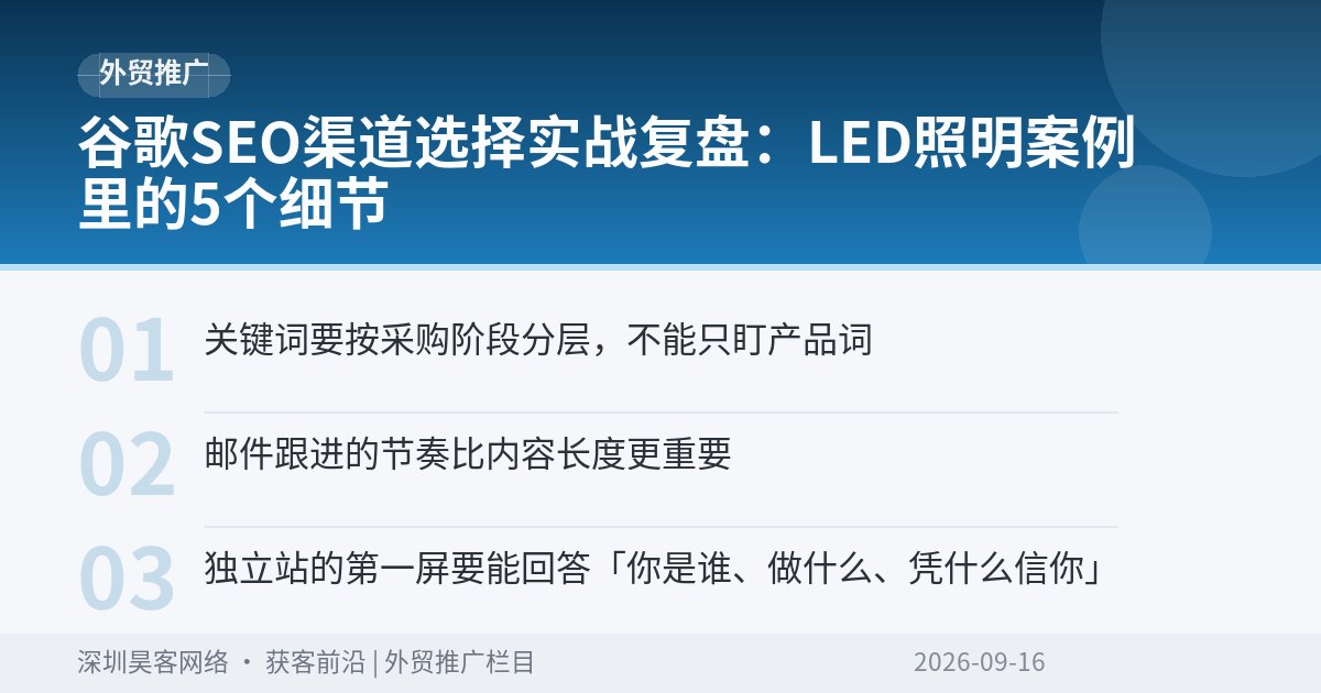 谷歌SEO渠道选择实战复盘：LED照明案例里的5个细节